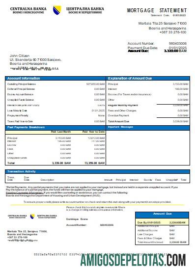 Declaração de hipoteca do Banco Central da Bósnia e Herzegovina Scr exemplo